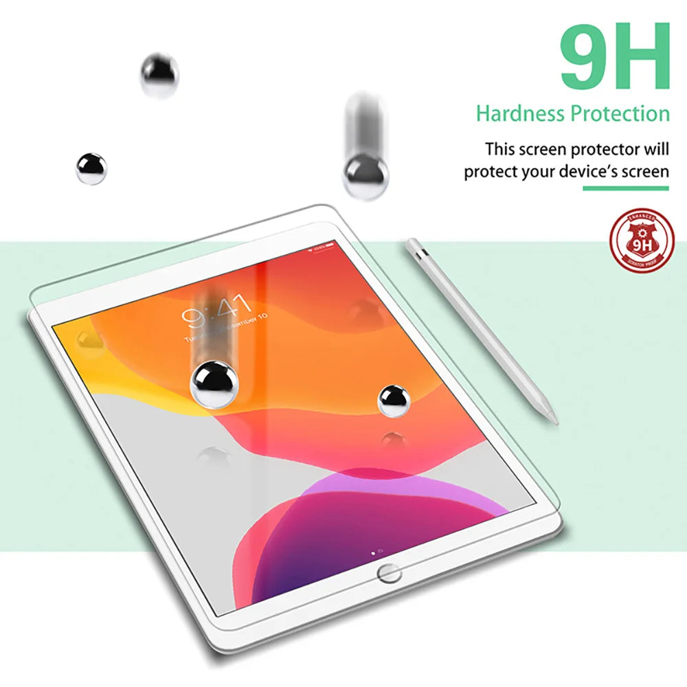 A clear tempered glass screen protector is shown on an iPad, demonstrating 9H hardness protection.