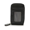 Black genuine leather RFID-blocking card holder wallet with a clear window.