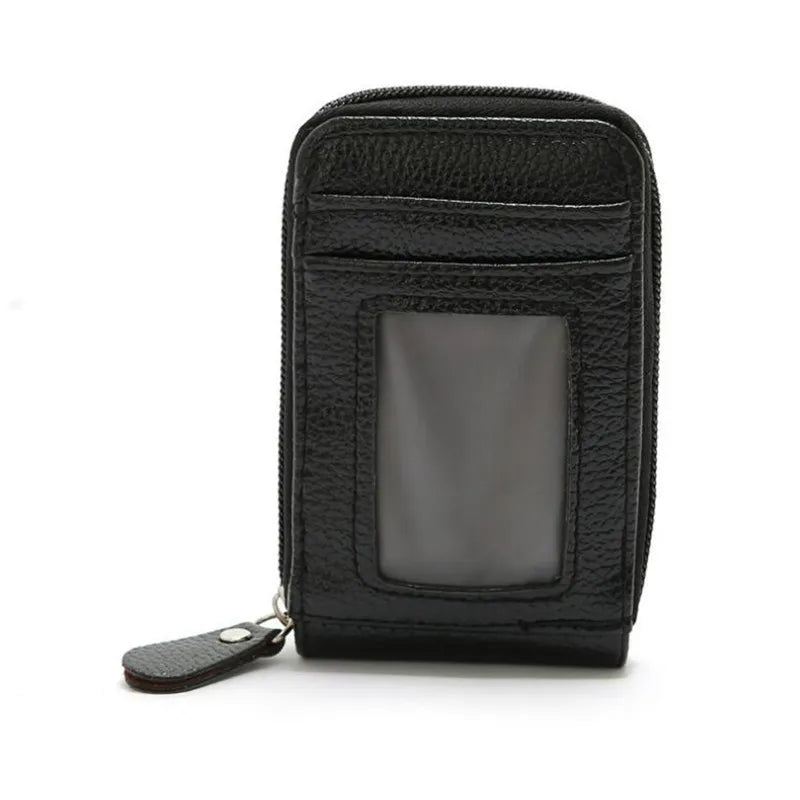 Black genuine leather RFID-blocking card holder wallet with a clear window.