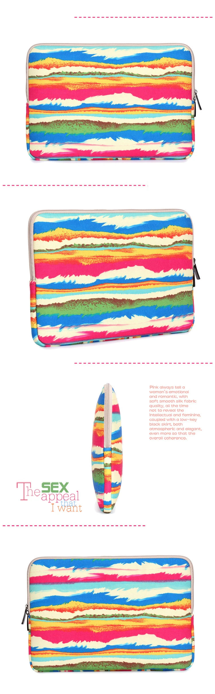 A vibrant, multi-colored canvas laptop sleeve featuring horizontal stripes of various colors like pink, orange, green, and bl