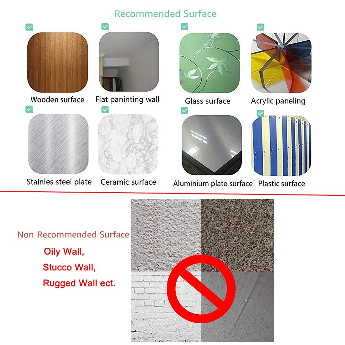 A comparison chart showing recommended and non-recommended surfaces for premium thick peel-and-stick 3D backsplash tiles.
