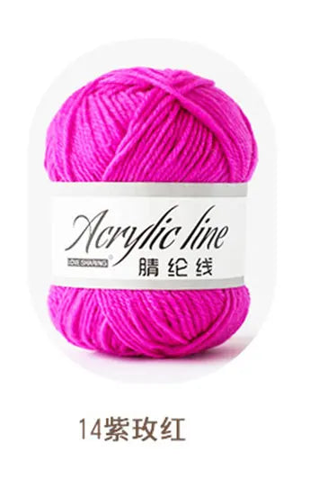 A ball of bright pink acrylic yarn labeled Acrylic line in color 14 bright pink thread.
