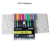 A set of 12 neon colored gel highlighters in a plastic case displayed next to a keyboard.