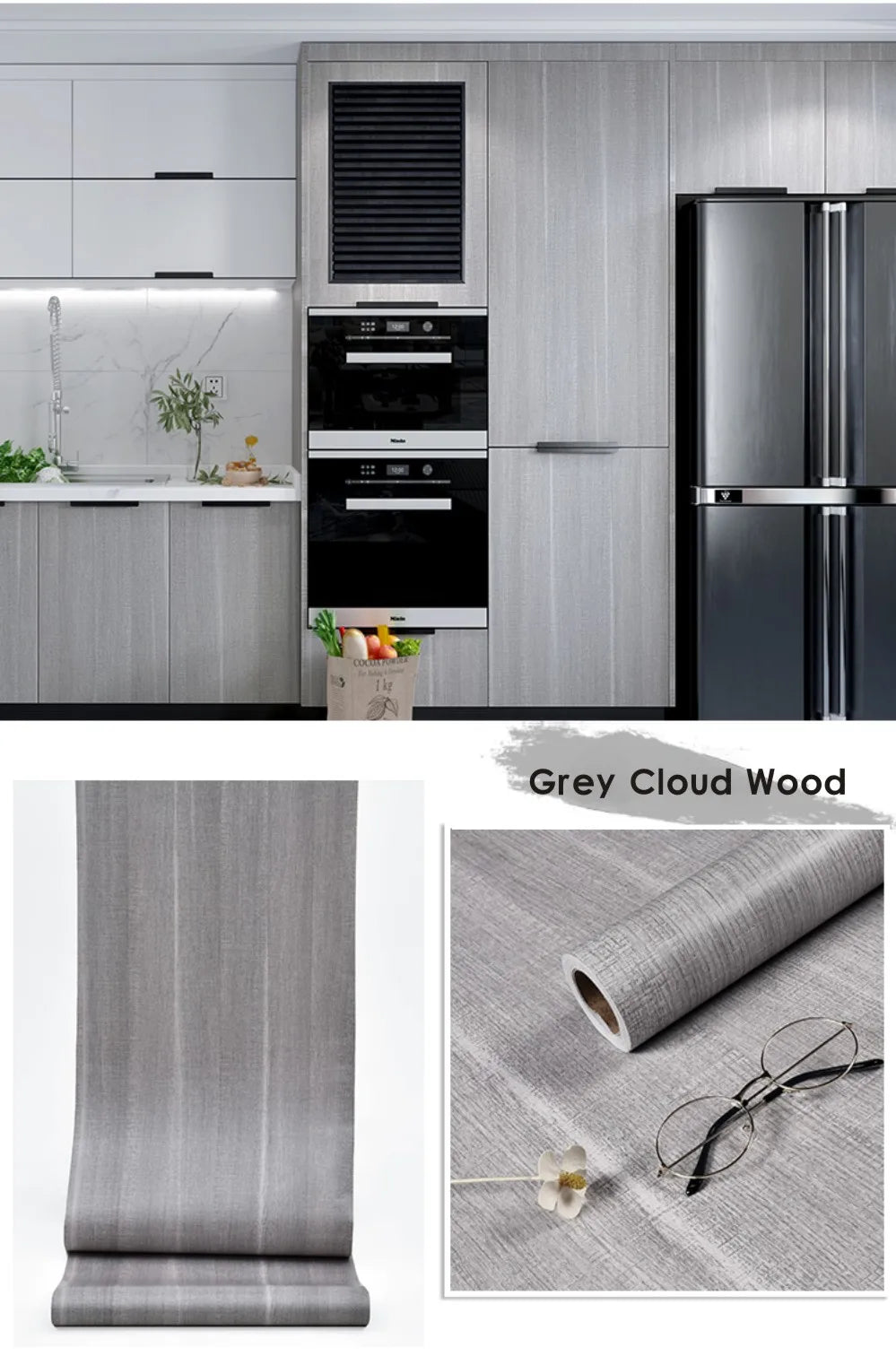 Roll of grey cloud wood self-adhesive wallpaper film used for decorative surface covering