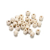 A collection of natural wooden spacer beads in various sizes and shades, arranged on a white background.