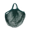 A dark green mesh produce bag with a drawstring top, used for reusable shopping.