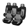A set of black and gray universal car seat covers for two-row vehicles, shown in a row.