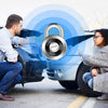 Two people are interacting with a car's door lock mechanism overlaid with a blue security circle.