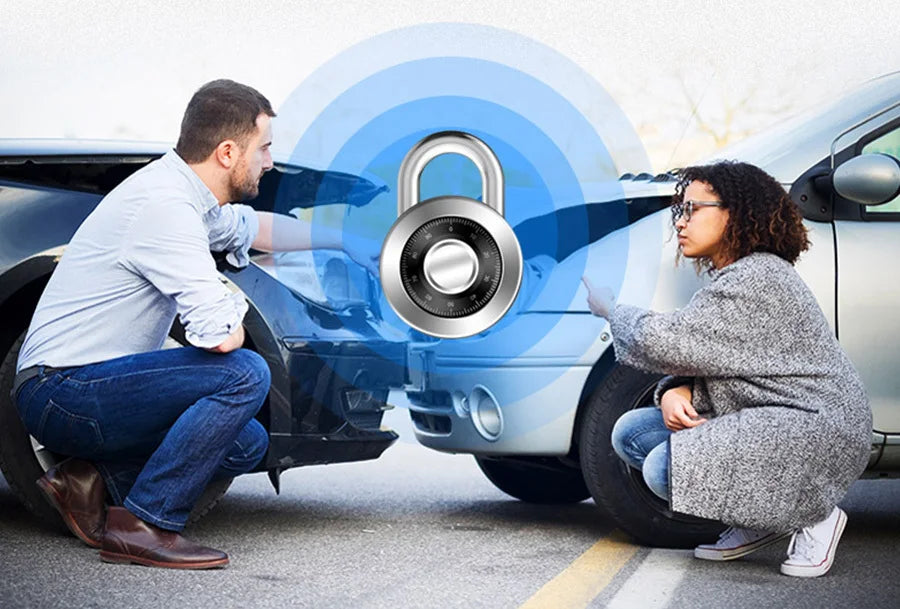 Two people are interacting with a car's door lock mechanism overlaid with a blue security circle.