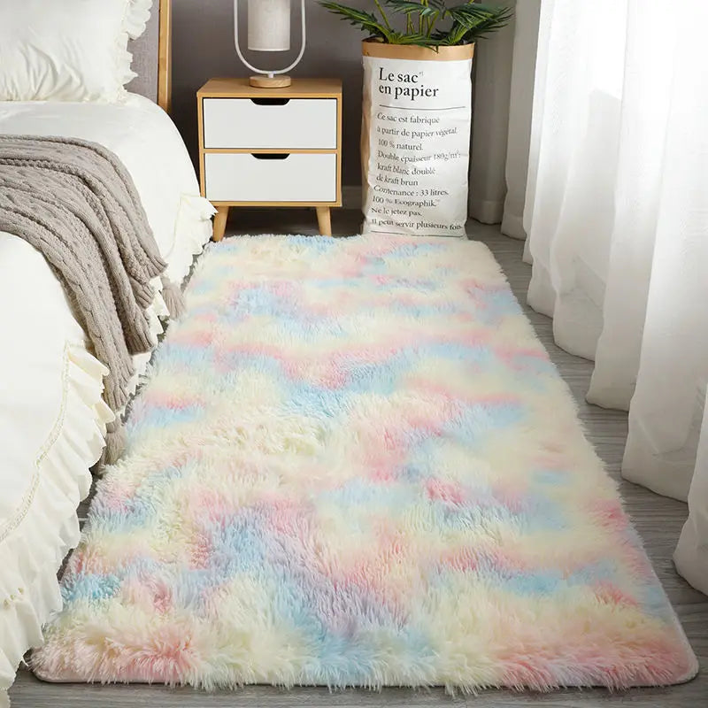 Extra large Nordic fur rug with pastel pink, blue, and white fluffy fibers