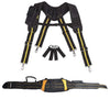 Black and yellow adjustable tool belt and suspenders with lumbar support shown in various configurations.