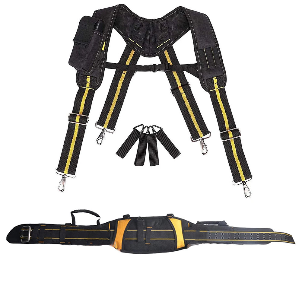 Black and yellow adjustable tool belt and suspenders with lumbar support shown in various configurations.