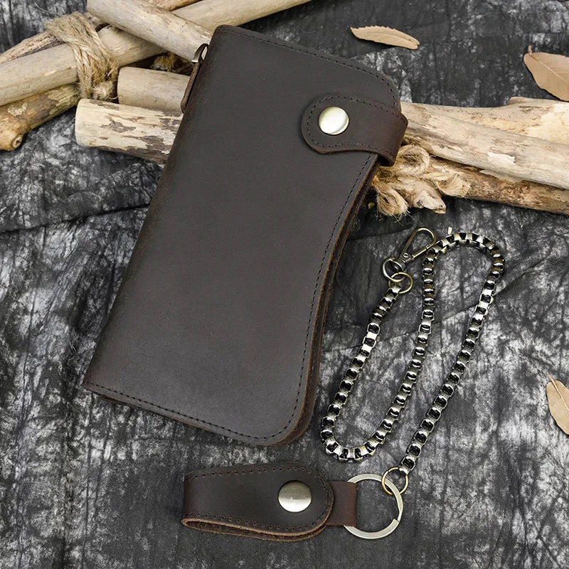 Vintage Leather Bifold Wallet with Metal Chain