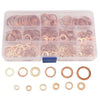 A plastic tray containing various copper sealing washers, rings, and plugs for fittings.