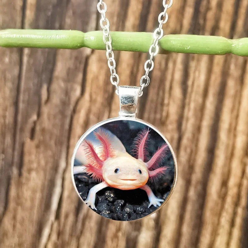 Cartoon Axolotl Glass Pendant Necklace