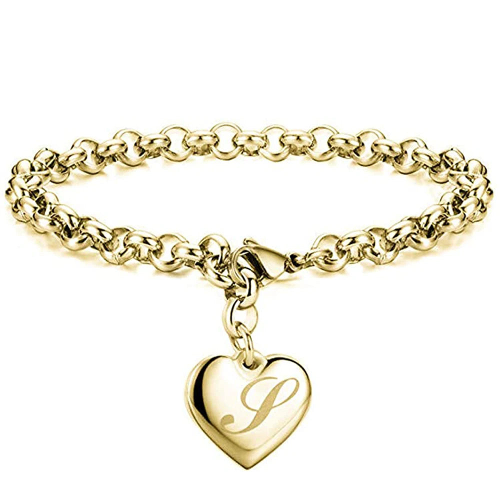 Gold Heart Alphabet Charm Bracelet