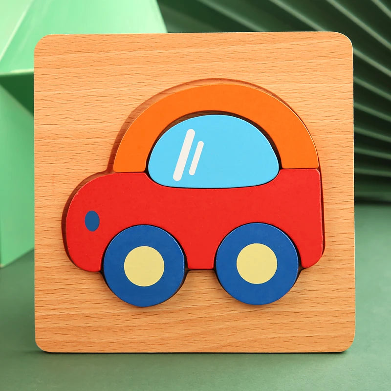 A wooden puzzle set depicting a red car with blue wheels and orange body, designed for toddlers.