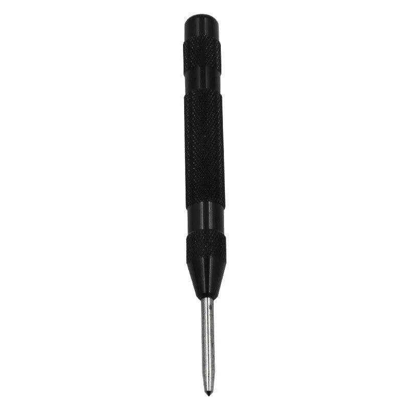 A black spring-loaded automatic center punch tool for precision marking.
