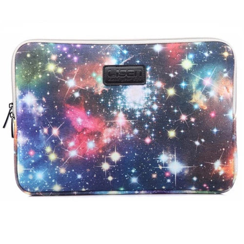 A laptop sleeve featuring a vibrant galaxy print with stars and nebulas.