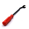 A red trim clip removal pliers with black jaws used for auto upholstery and panel work.