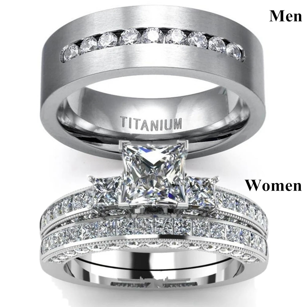 Un ensemble de bagues en titane, comprenant une bague pour homme et un set de bagues pour femme avec des diamants pavés.