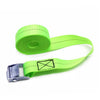 A roll of bright lime green heavy-duty tie-down straps with a metal buckle.