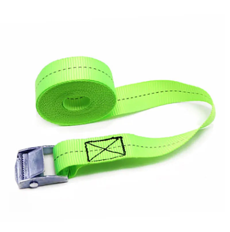 A roll of bright lime green heavy-duty tie-down straps with a metal buckle.