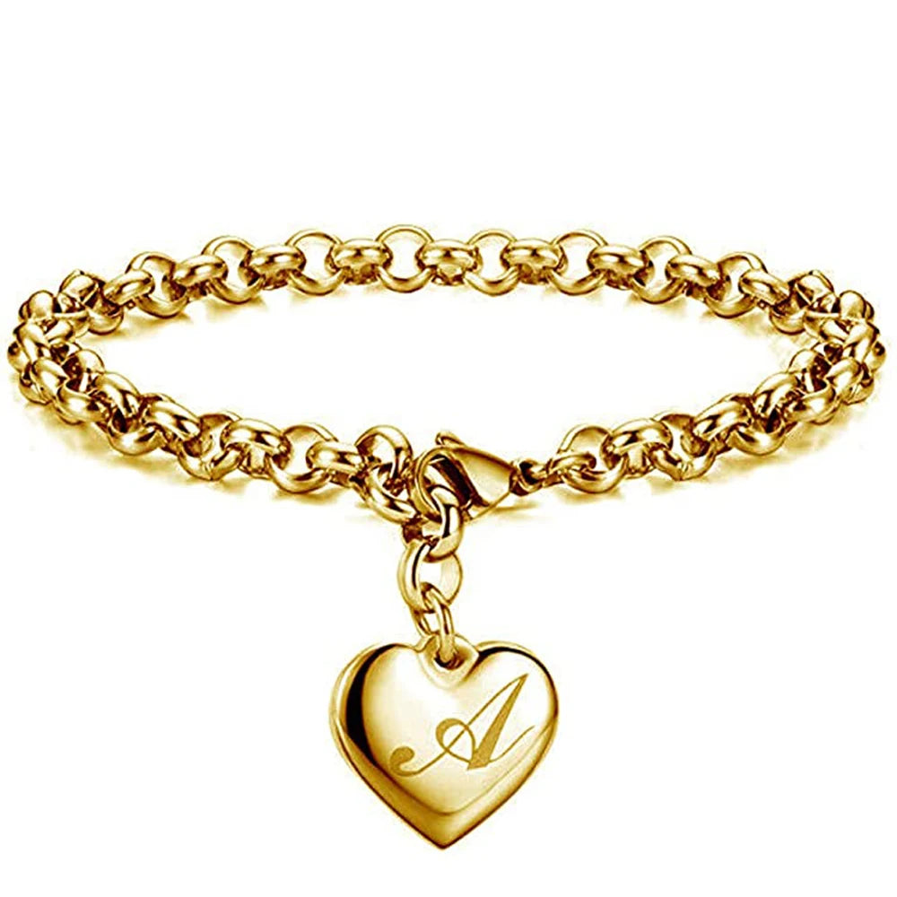 Gold Heart Alphabet Charm Bracelet
