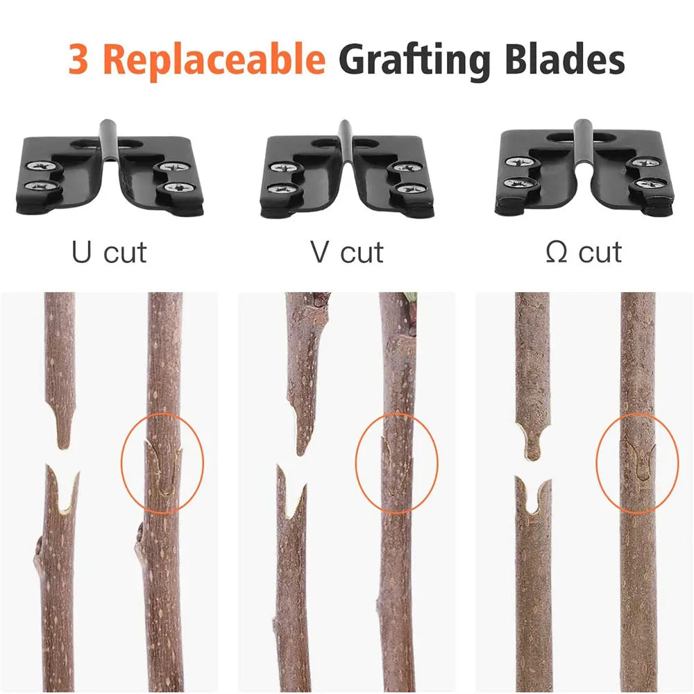Three replaceable grafting blades for U, V, and Omega cuts on a pruner.