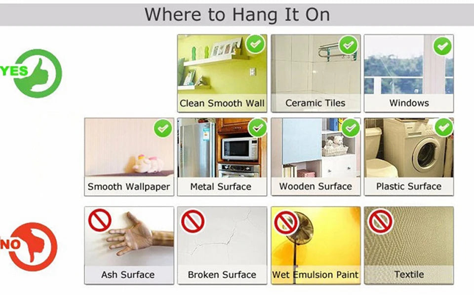 Diagram showing where to hang self-adhesive wood grain vinyl wallpaper on various surfaces like walls, tiles, windows, and fu