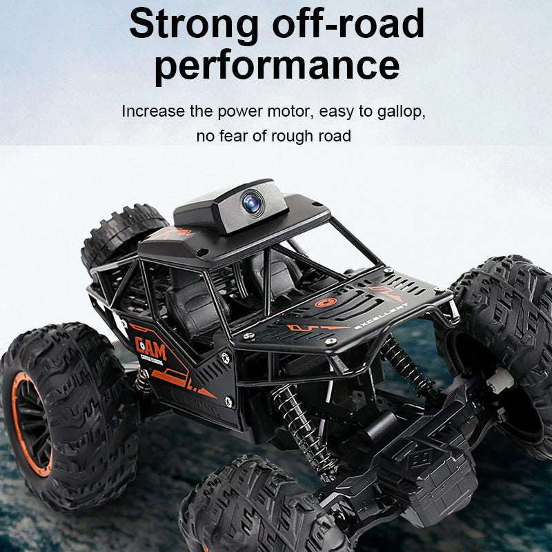 Black 1:18 RC off-road SUV with large tires and an HD FPV camera