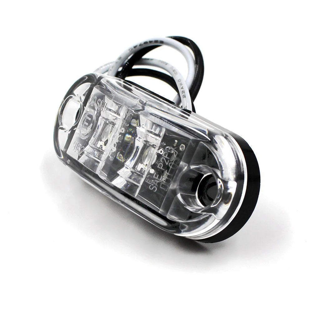 A clear plastic housing for a universal LED side marker and clearance light assembly.