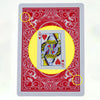 A red playing card from a marked stripper deck featuring a Queen of Hearts, with circles highlighting specific areas.