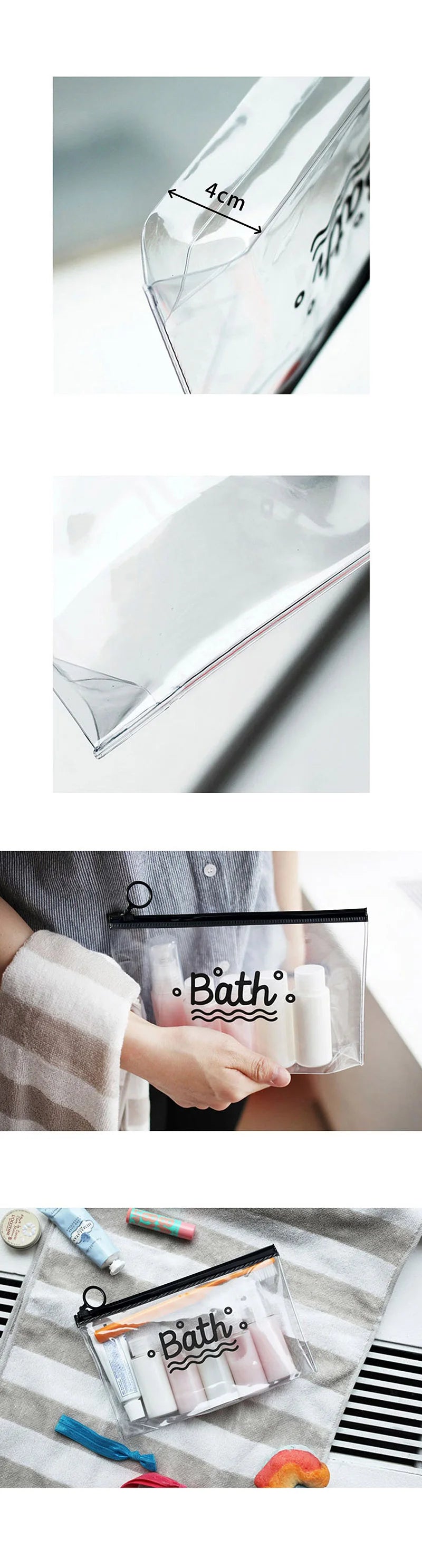A transparent toiletry bag with a hanging hook is shown holding various bath products.