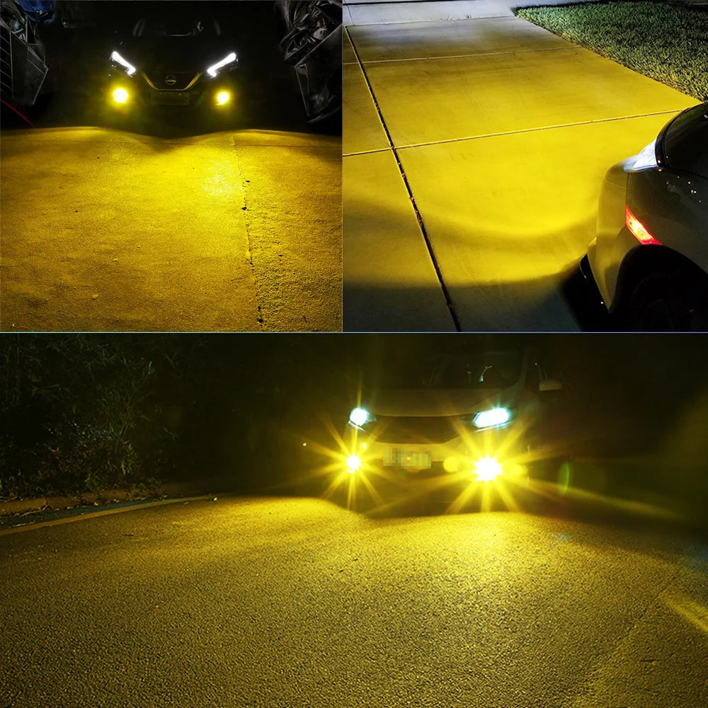 Close-up shots of LED fog lights illuminating a driveway and road surface at night.