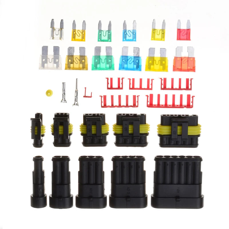 A collection of waterproof automotive electrical connectors featuring male and female terminals in various colors like yellow