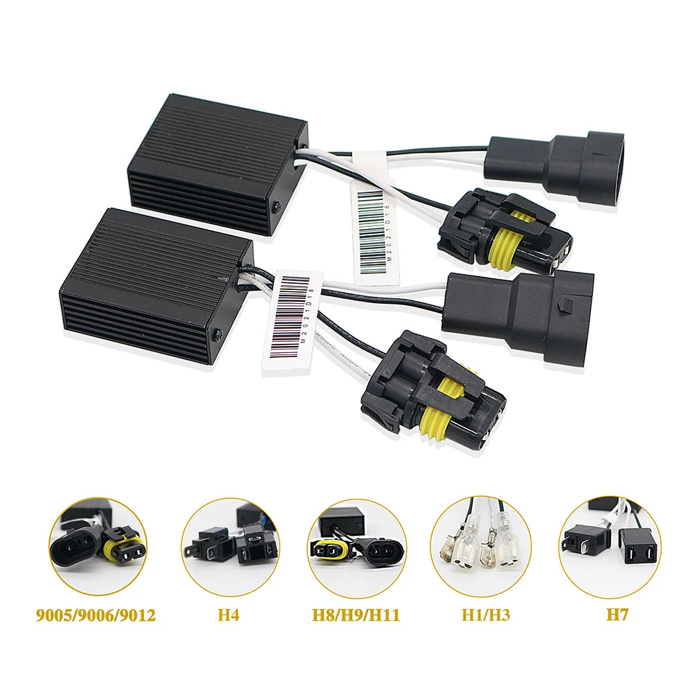 A set of Canbus LED decoder harnesses for various headlight and fog light bulbs, including H4, H8/H9/H11, H1/H3, and H7 types