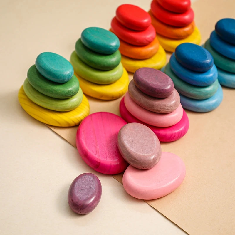 Wooden Rainbow Stacking Stones - Montessori Balancing Blocks for Kids