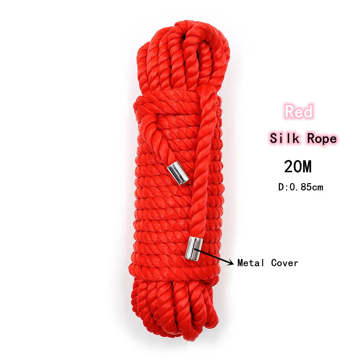 A bundle of red silk rope with a metal cover, coiled and ready for use.