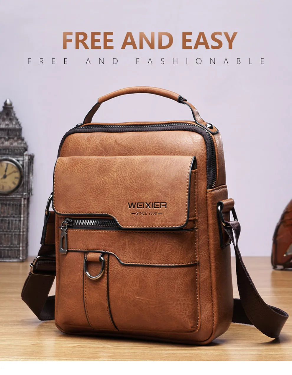 Braune Vintage-PU-Leder-Crossbody-Tasche mit Lederriemen auf Holzoberfläche.
