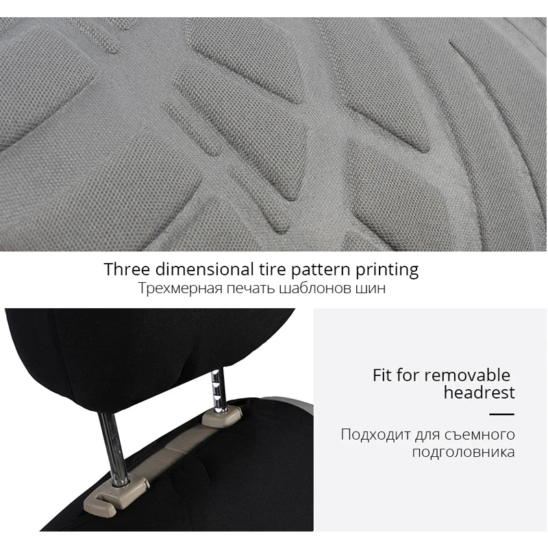 Close-up of a tire tread pattern and a black headrest cover designed for removable use.