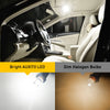 Comparison of bright AUXITO LED bulbs and dim halogen bulbs used for car interior lighting.