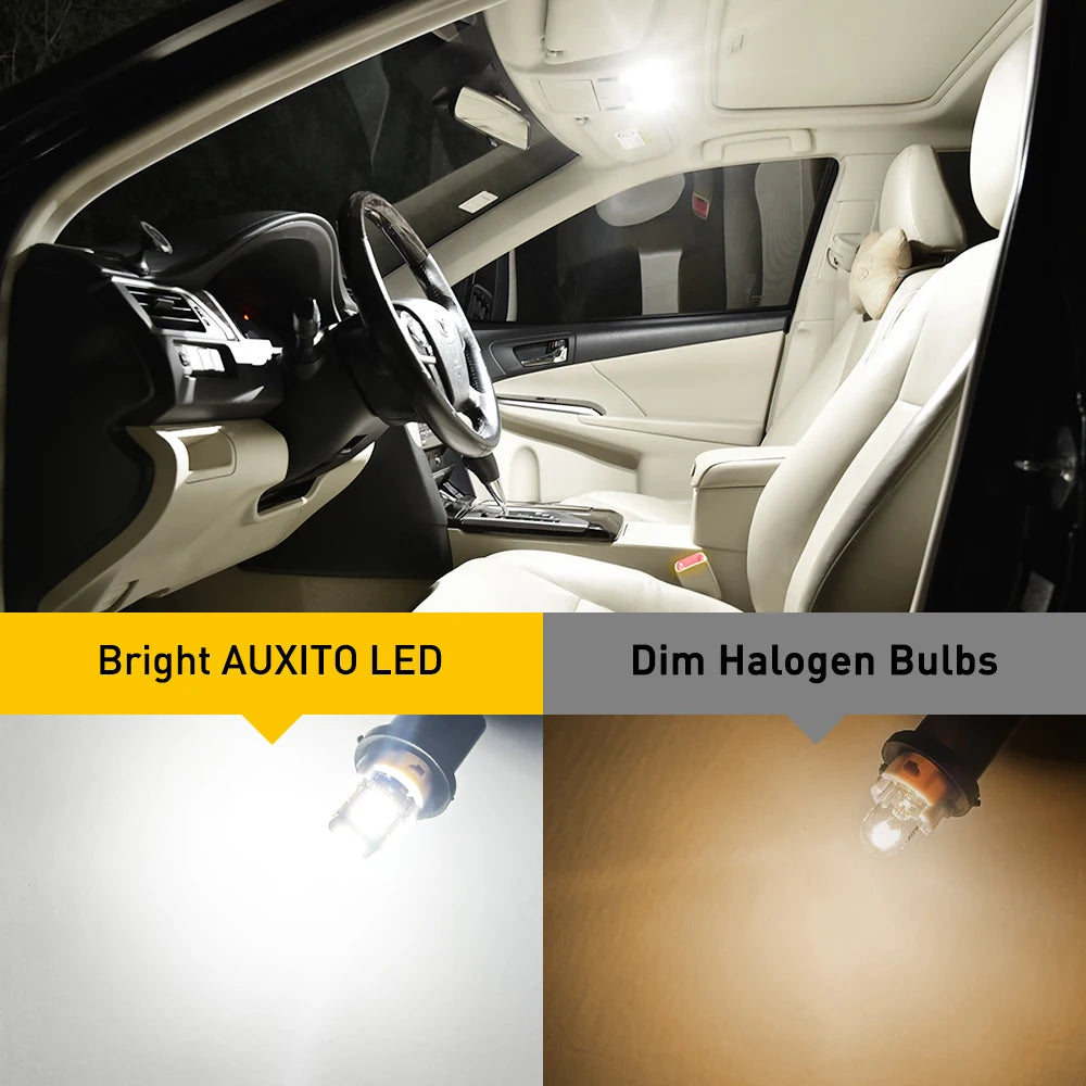 Comparison of bright AUXITO LED bulbs and dim halogen bulbs used for car interior lighting.