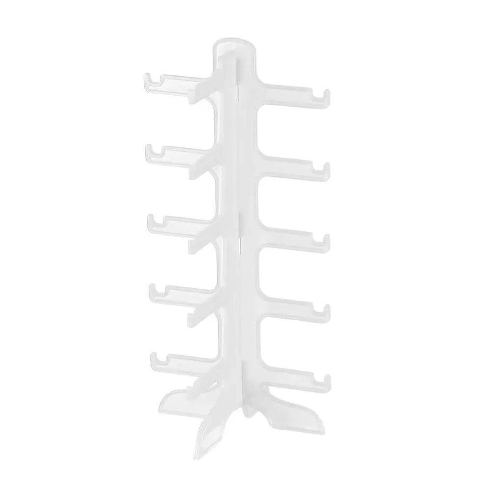 A white stackable display stand designed for holding and organizing sunglasses and reading glasses.