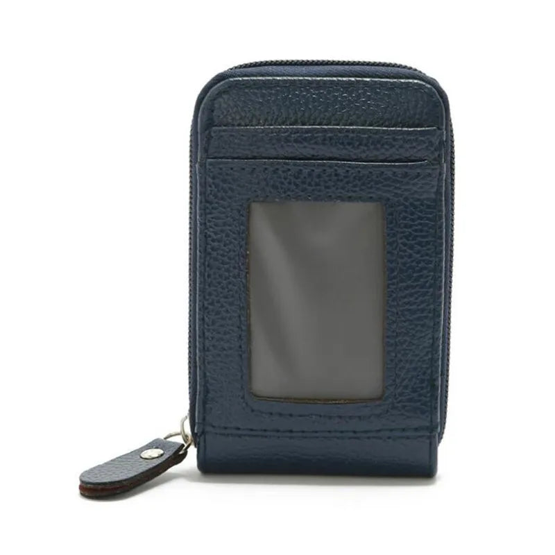 A dark blue genuine leather RFID-blocking card holder wallet shown from the front.