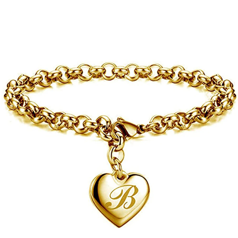 Gold Heart Alphabet Charm Bracelet