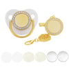 Gold rhinestone pacifier with clip and white silicone nipple for babies