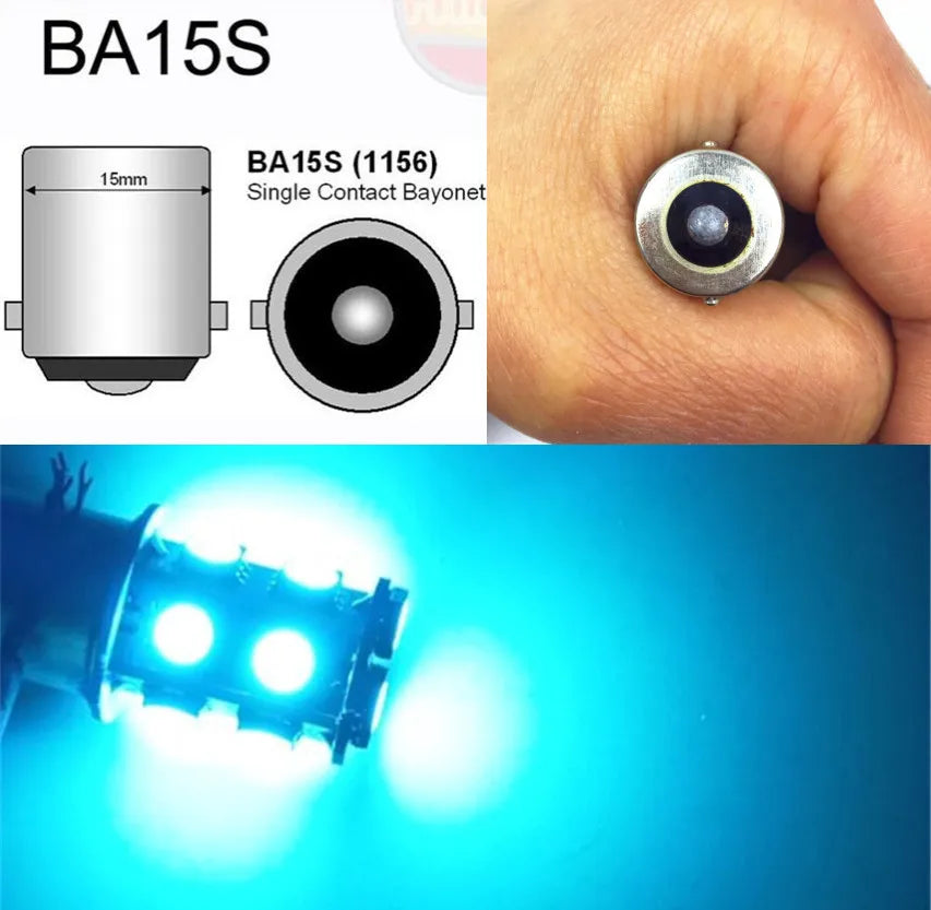 Close-up view of a BA15S single contact bayonet light bulb and an illuminated LED bulb.