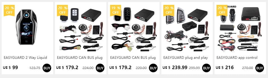 Various versions of the EASYGUARD keyless entry system including liquid, CAN bus plug, and app control options.