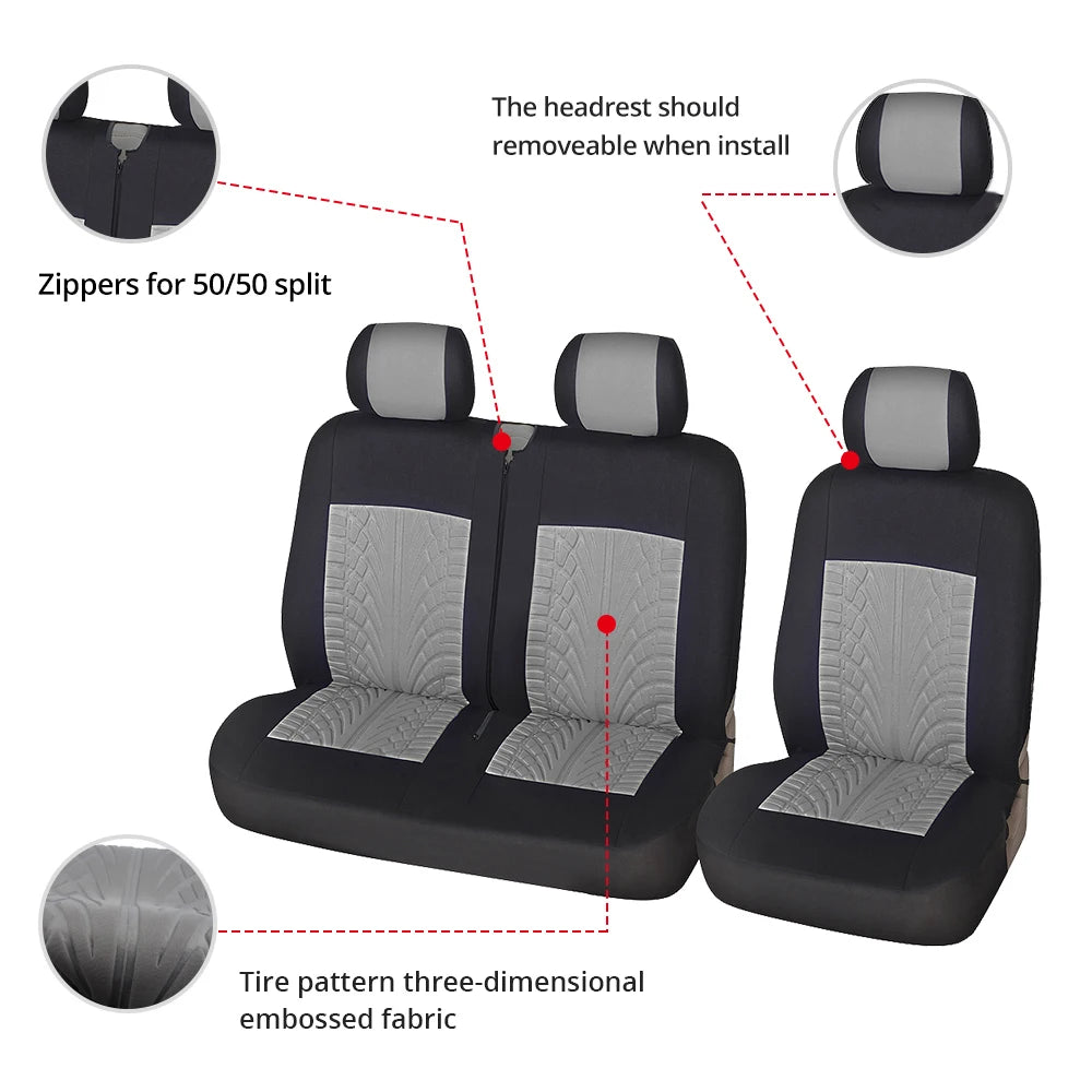 Black car seat covers for two rows featuring a 50/50 split design and three-dimensional embossed fabric.